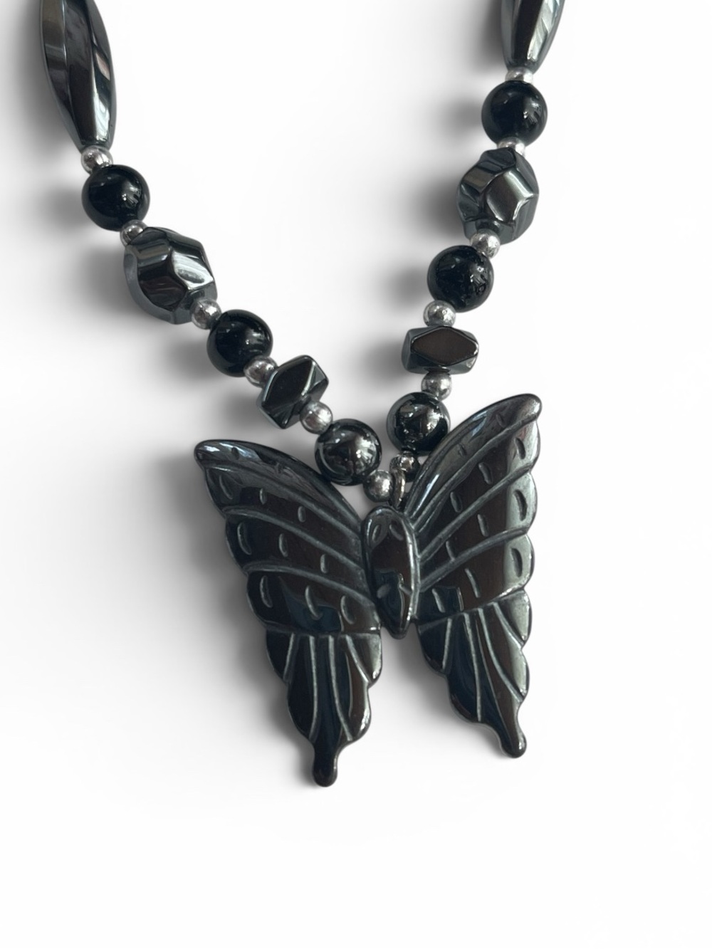 Carved Hematite Butterfly Pendant Statement Necklace - Picture 10 of 10